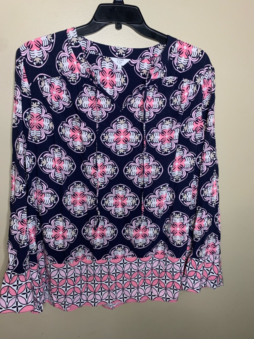 crown & ivy Navy Tunic with Pink Medallion Print